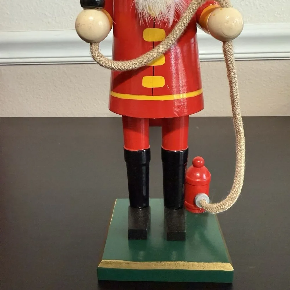Nutcracker Fireman Figurine Wooden Vintage Holiday Home Accent Hose Fire Hydrant